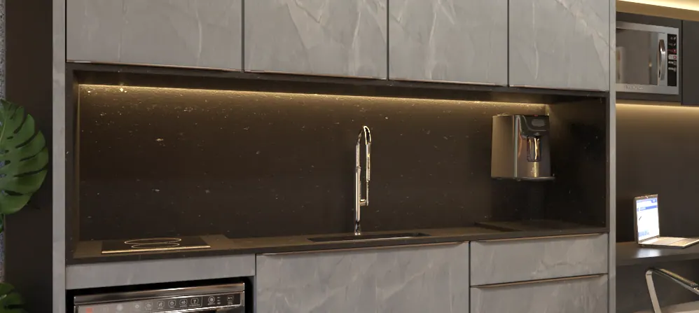 Detalhe: bancada da cozinha com iluminação embutida.
