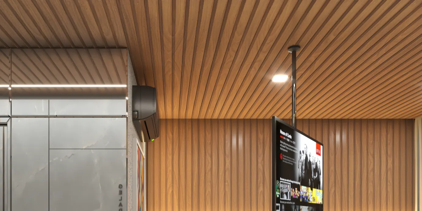 Detalhe: painel de cabeceira iluminado sob o teto ripado.