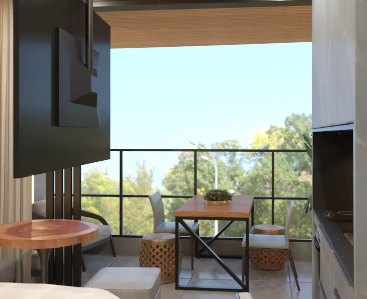 Detalhe: sacada com mesa e poltronas, vista de dentro do studio.