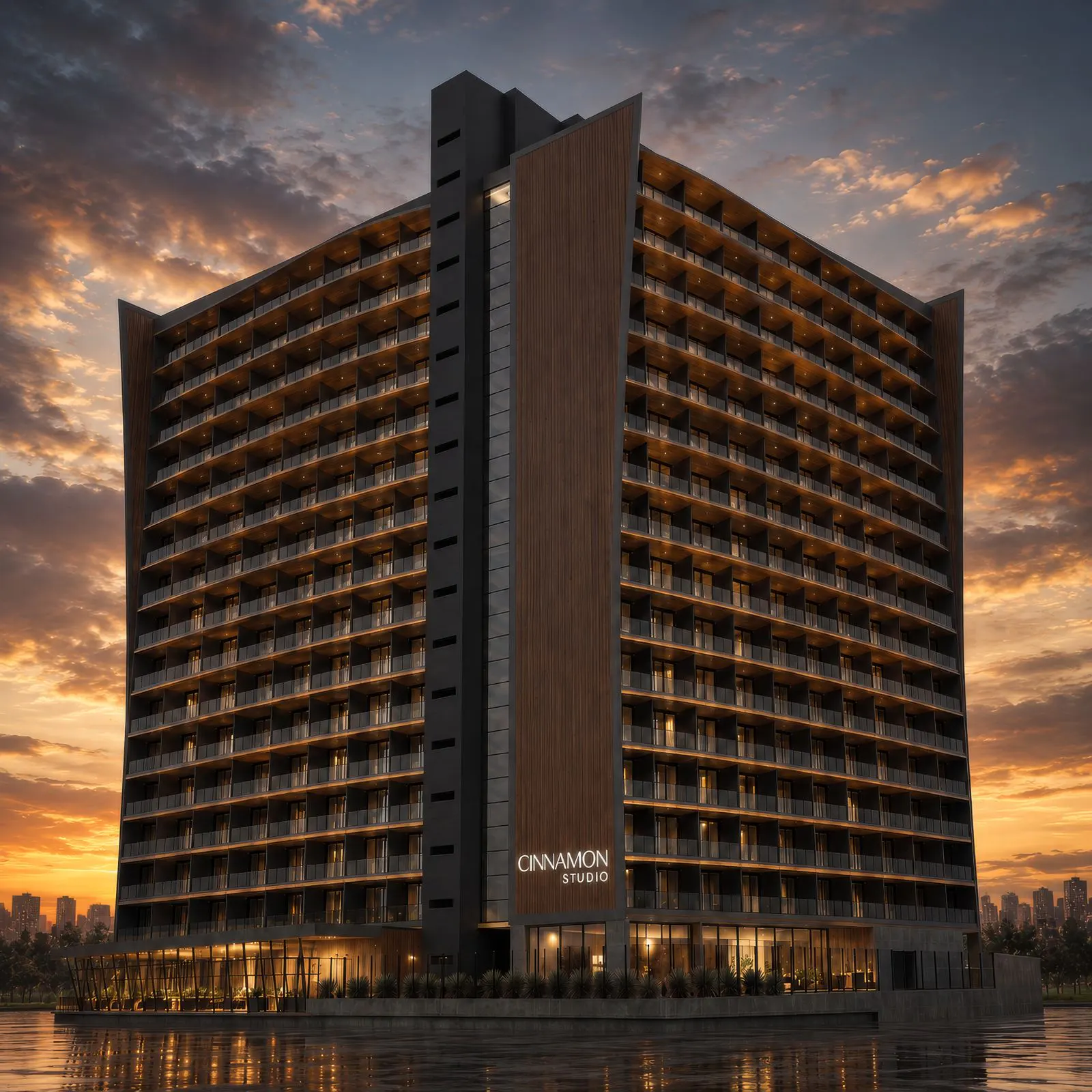 Torre completa do Cinnamon Studio ao pôr do sol, com o céu alaranjado e as varandas de madeira iluminadas refletidas no lago.