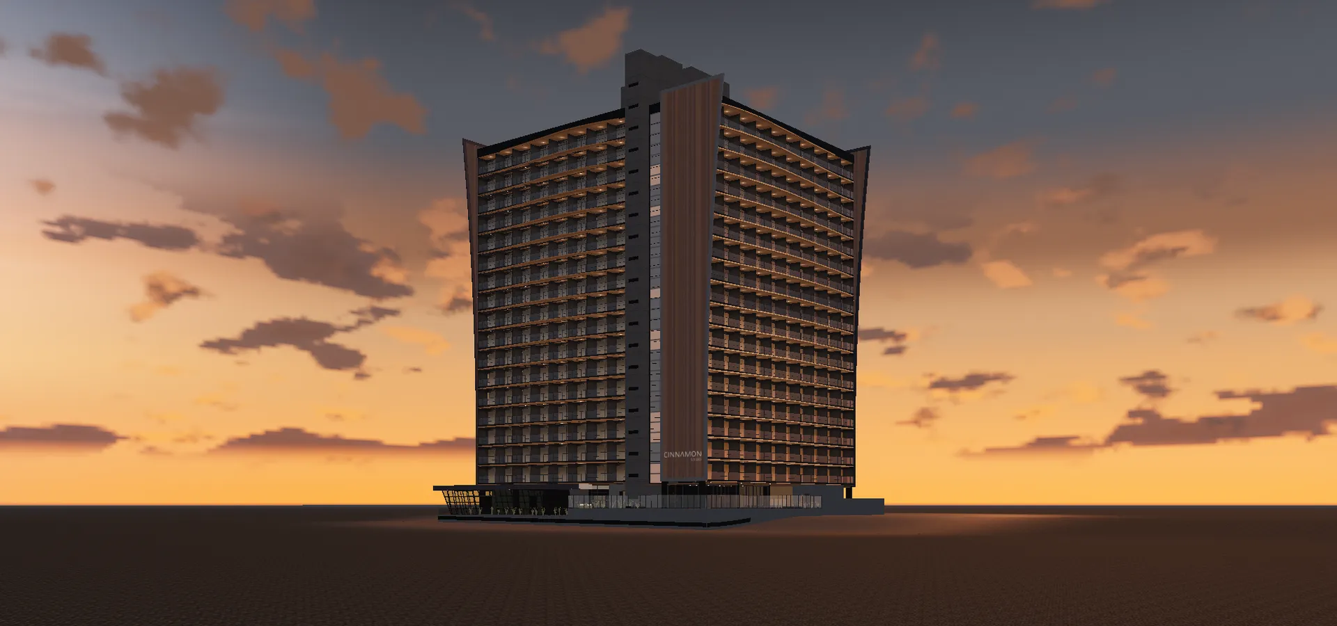 Modelo 3D da torre do Cinnamon Studio ao entardecer, vista em diagonal: duas alas de sacadas, a torre escura da escada na quina com a placa de madeira ao lado e o térreo com a marquise.