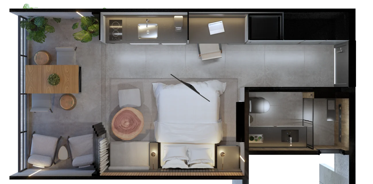 Planta humanizada do studio vista de cima: sacada com mesa e poltronas, cama de casal ao centro, cozinha linear e banheiro ao fundo.
