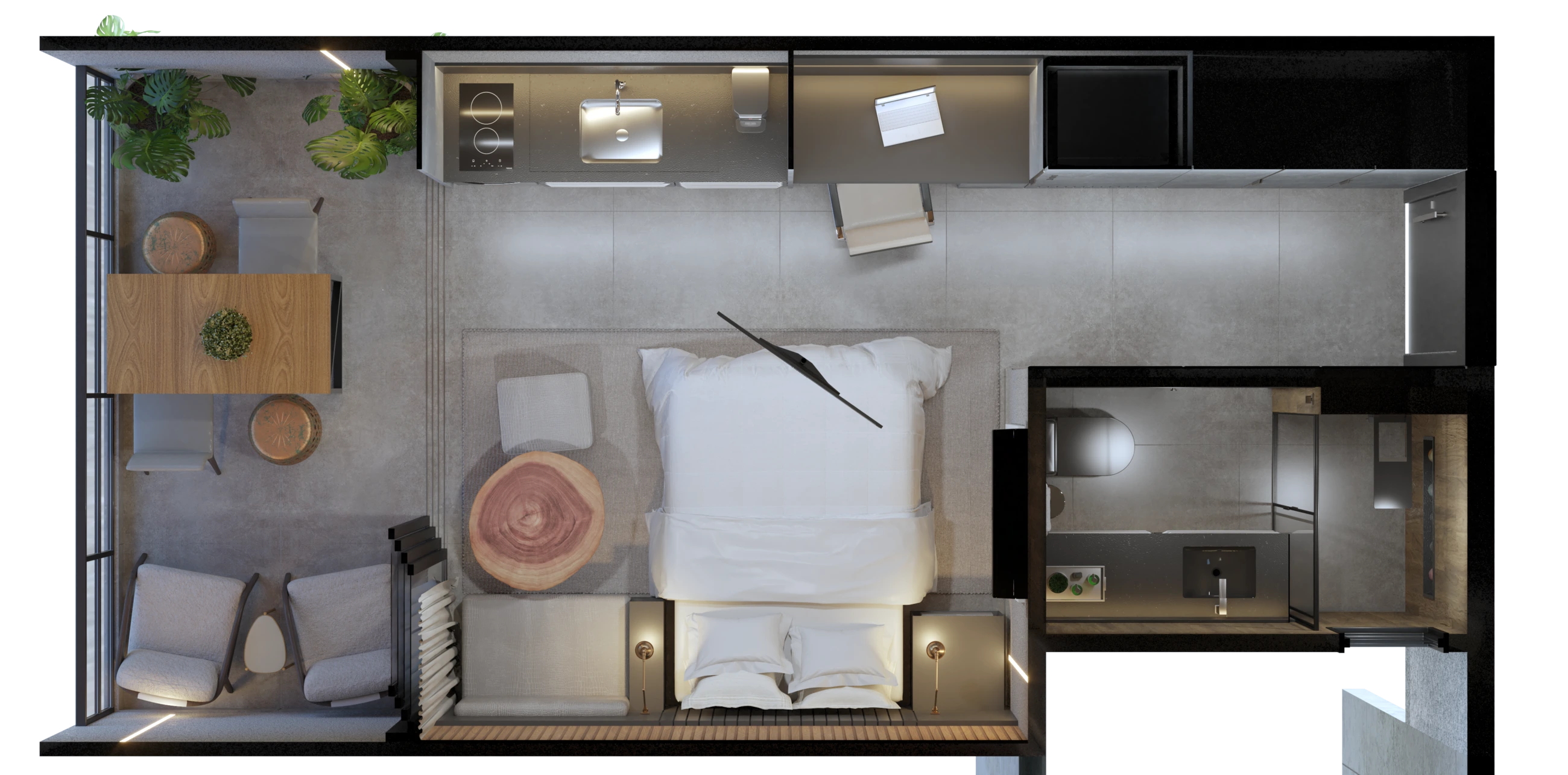 Planta humanizada do studio vista de cima: sacada com mesa e poltronas, cama de casal ao centro, cozinha linear e banheiro ao fundo.