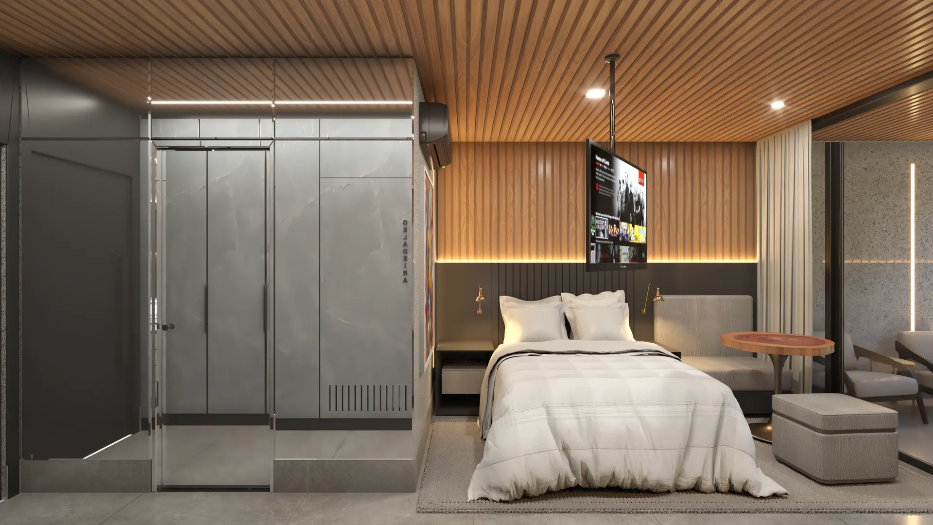 Área de estar e dormir: cama de casal com roupa branca, painel ripado de madeira iluminado e TV suspensa giratória.