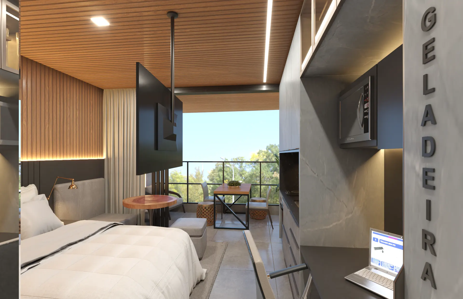 Vista geral do studio da cama em direção à sacada aberta, com teto ripado de madeira e mesa bistrô junto à varanda.